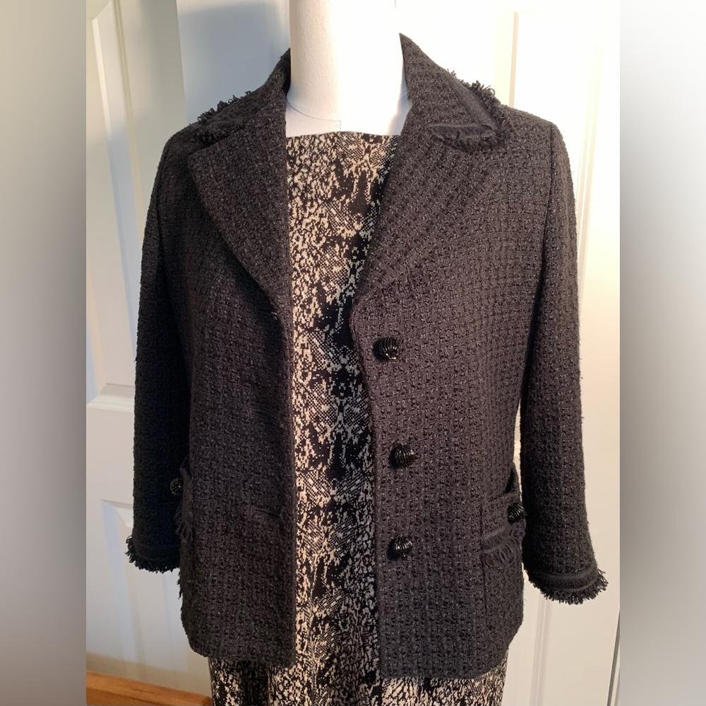 Black Boucle Talbots Tweed Jacket Luxury Piped Frayed Bracelet 3/4 Sleeve